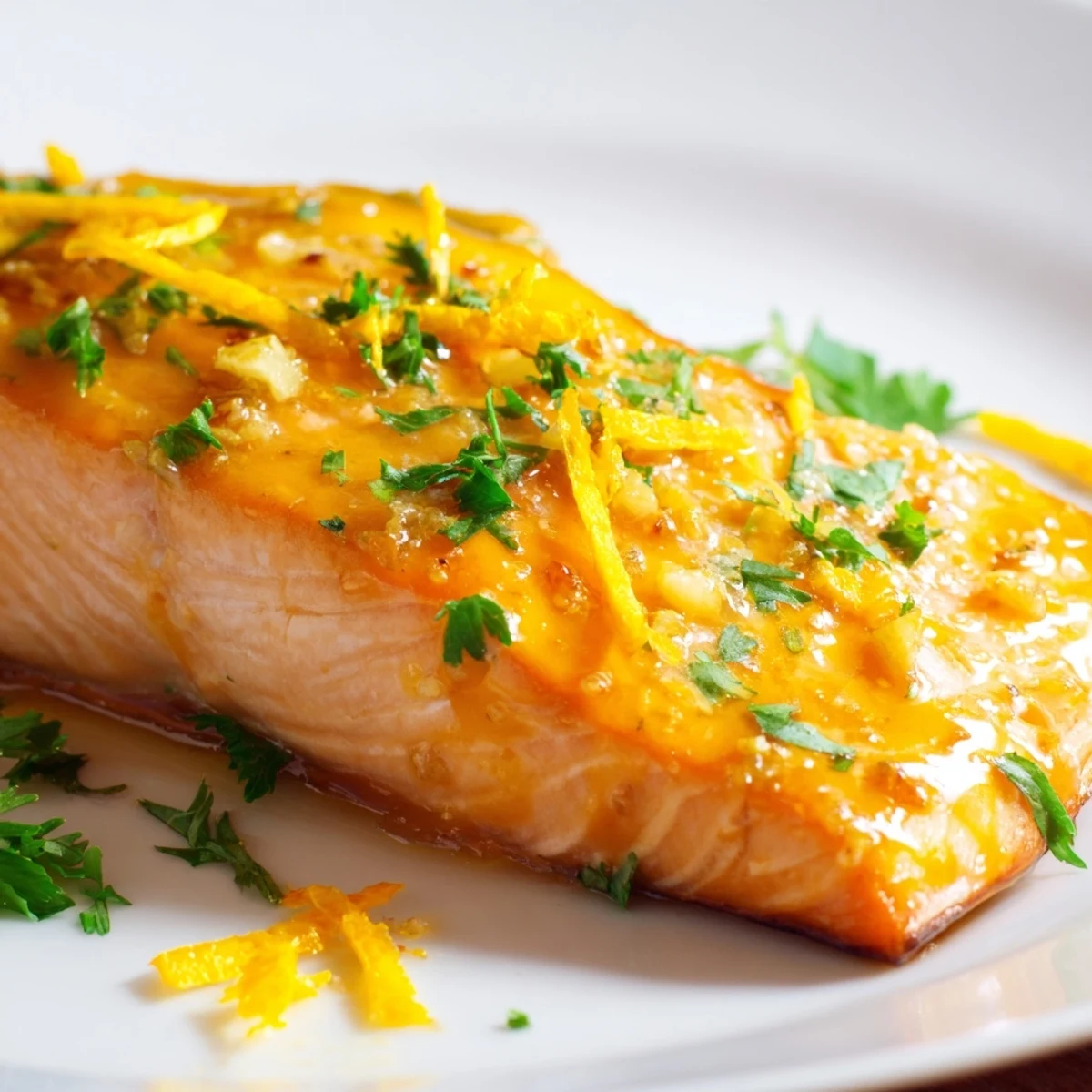 Close-up of baked salmon with orange glaze, showing a tender, glazed fillet with fresh parsley.