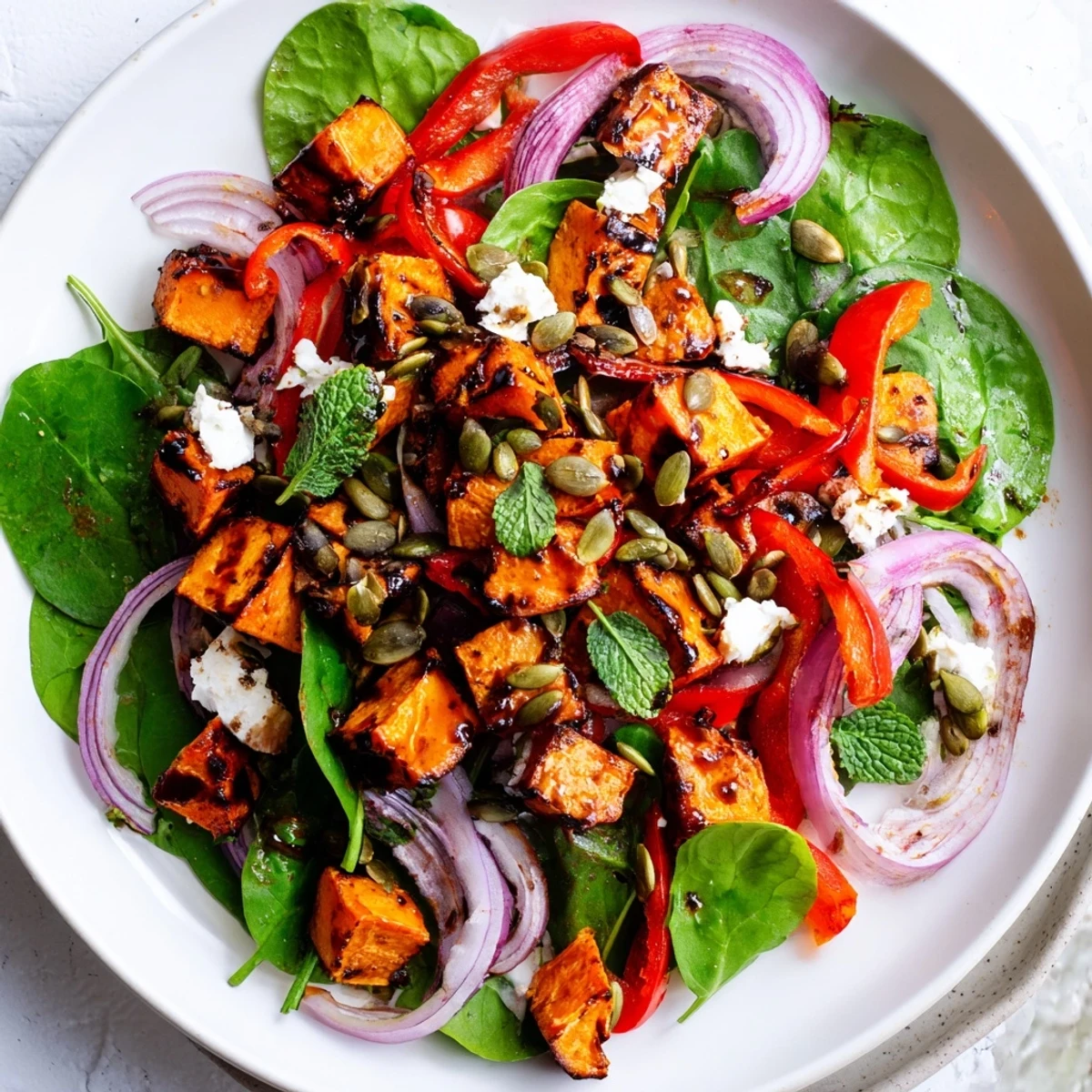 This flavorful roasted sweet potato salad with lime showcases vibrant colors, and fresh herbs in every bite.