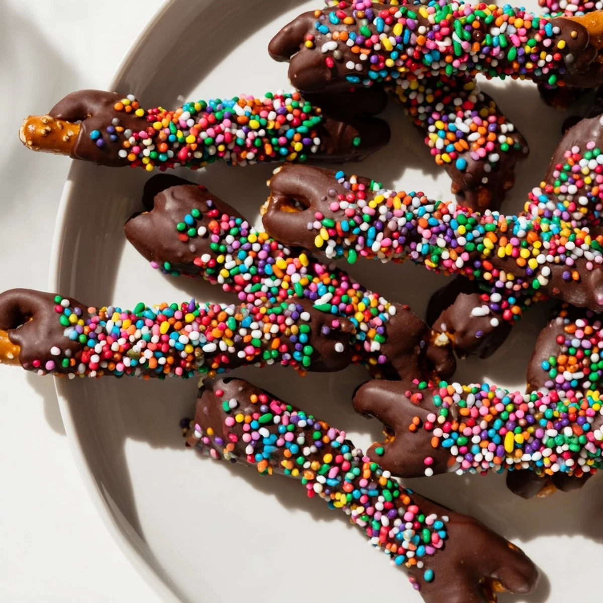 Melted chocolate covers crispy pretzels, finished with colorful sprinkles for delicious chocolate-covered pretzels.