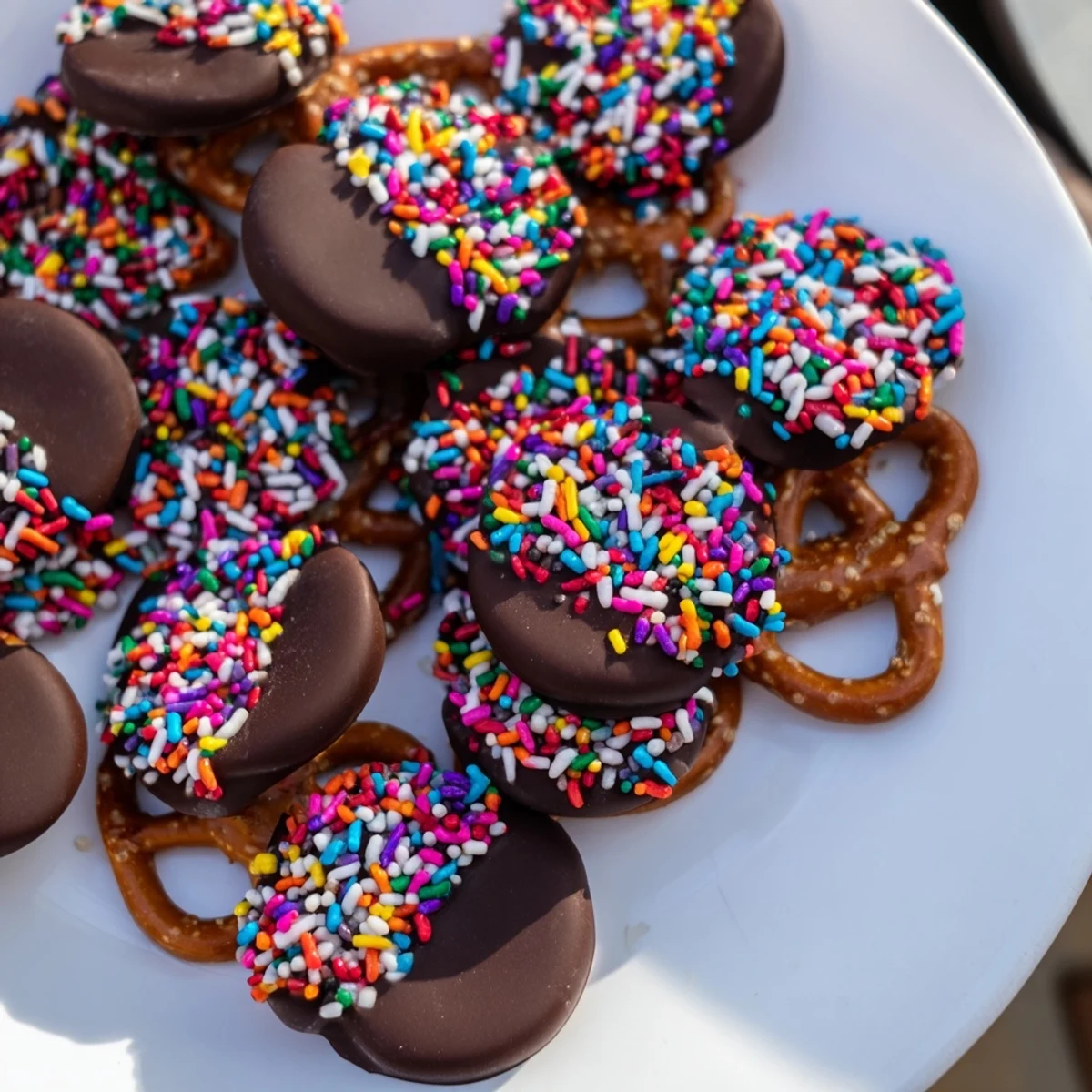 A generous pile of chocolate covered pretzels glitters with multi-colored sprinkles, ready to be enjoyed.