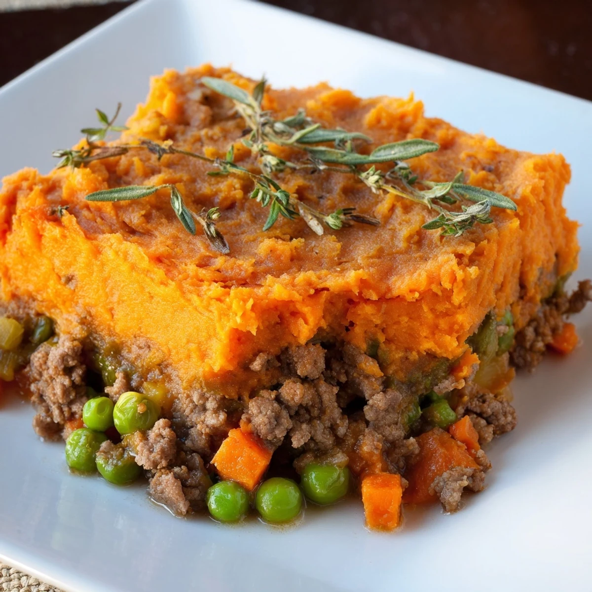 Golden-brown Beef Shepherd's Pie with sweet potato topping, ready to serve and enjoy.