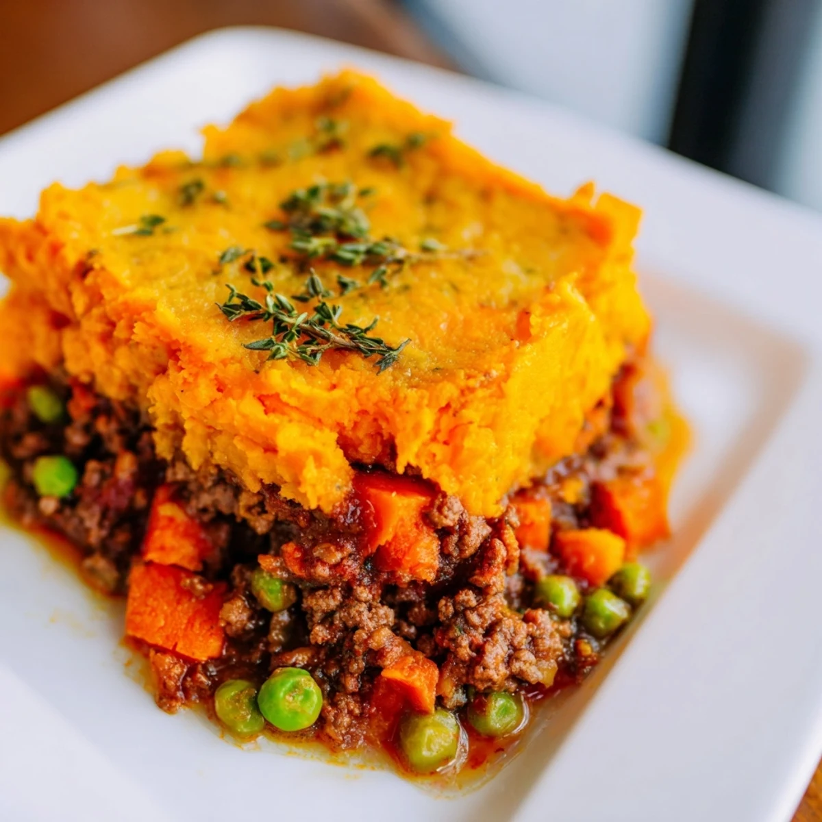 Delicious, steaming Beef Shepherd's Pie showcasing a close-up of the flavorful, savory baked casserole.