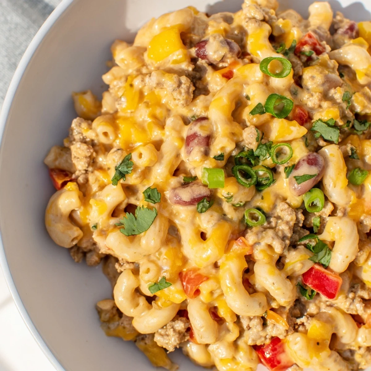 Close-up of creamy Turkey Chili Mac and Cheese with visible beans and tender turkey crumbles.