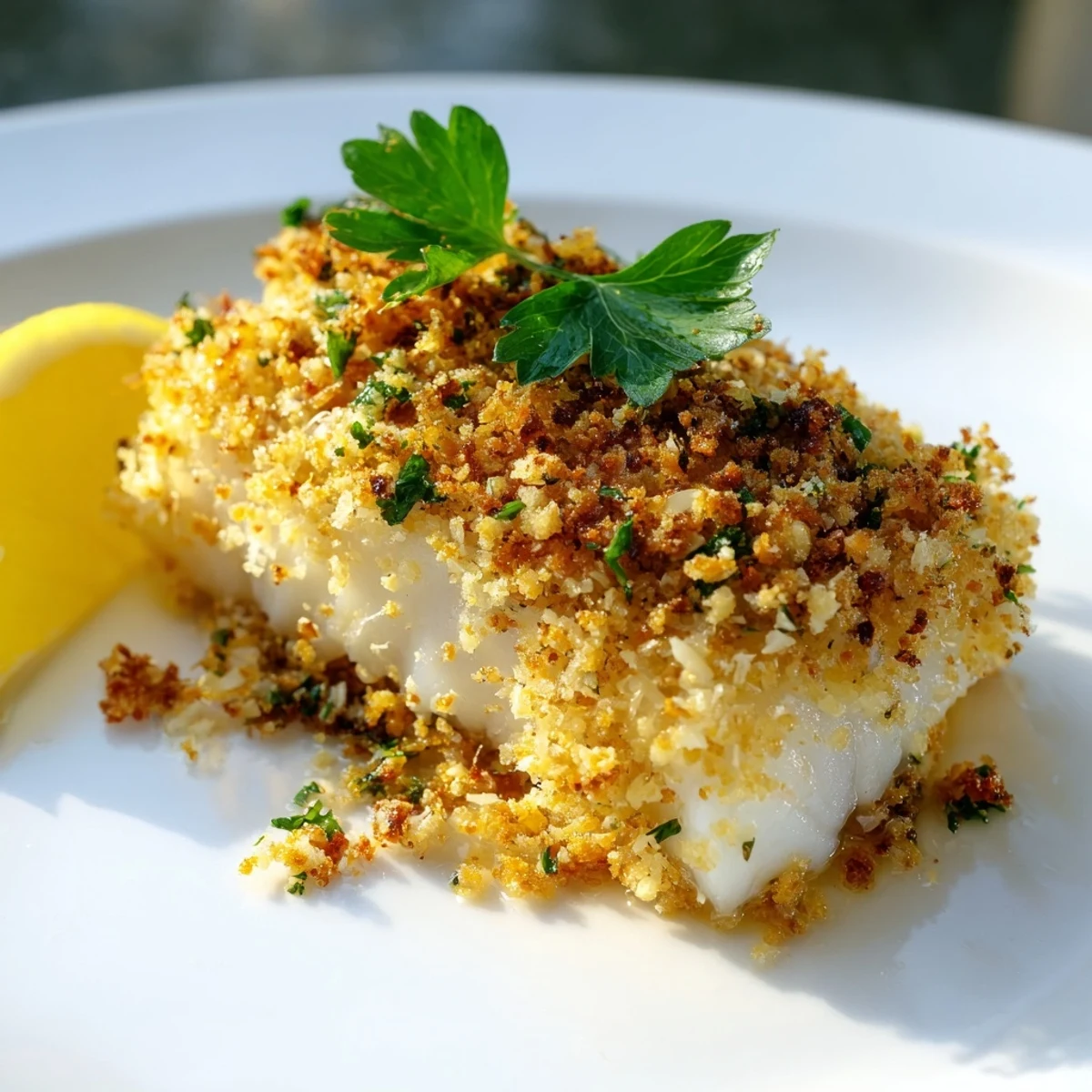 Golden-brown Baked Cod with Panko Crust, a flavorful and crispy fish dish ready to eat.