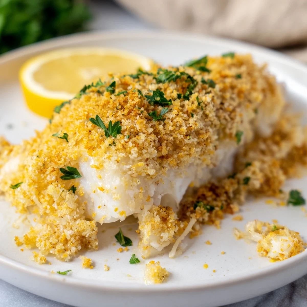 Enjoy a healthy dinner of flaky Baked Cod with Panko Crust served with bright lemon wedges.