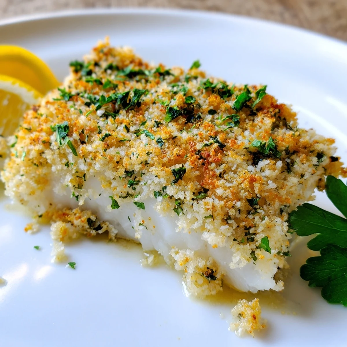 Freshly baked Baked Cod with Panko Crust, offering a delightful crunch from the breadcrumb topping.