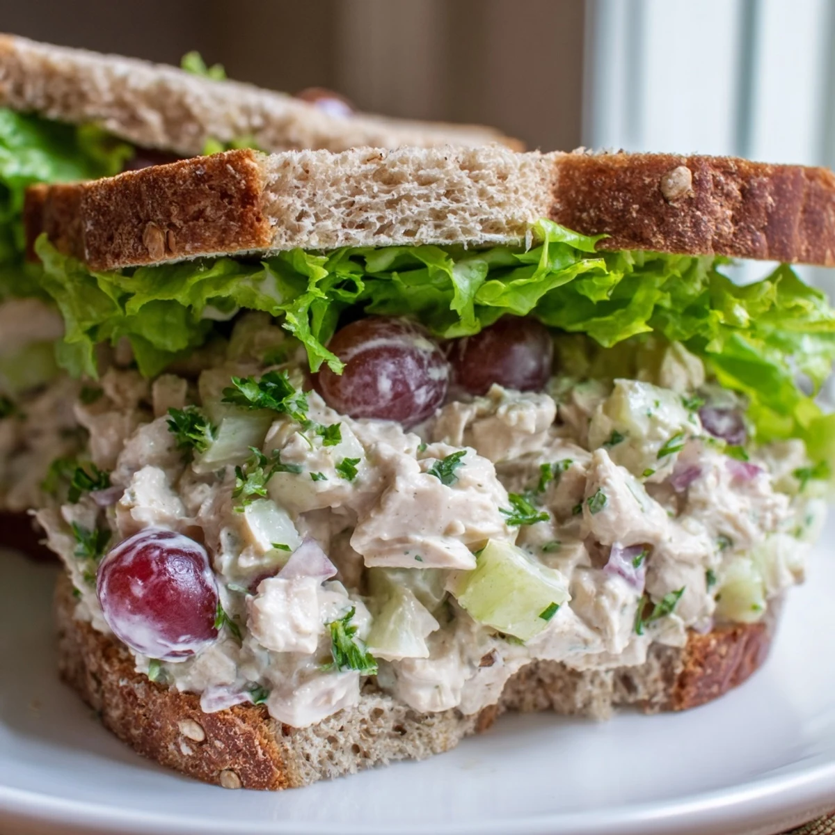Creamy chicken salad sandwich with grapes, served on toasted bread, a delicious and easy lunch.