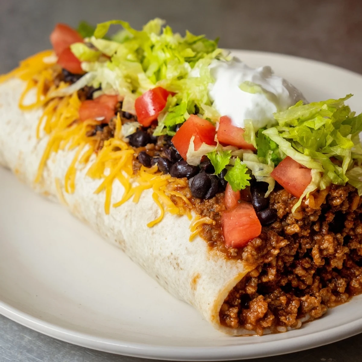 A close-up shot of a savory beef burrito, showing the perfect blend of ingredients for a tasty meal.