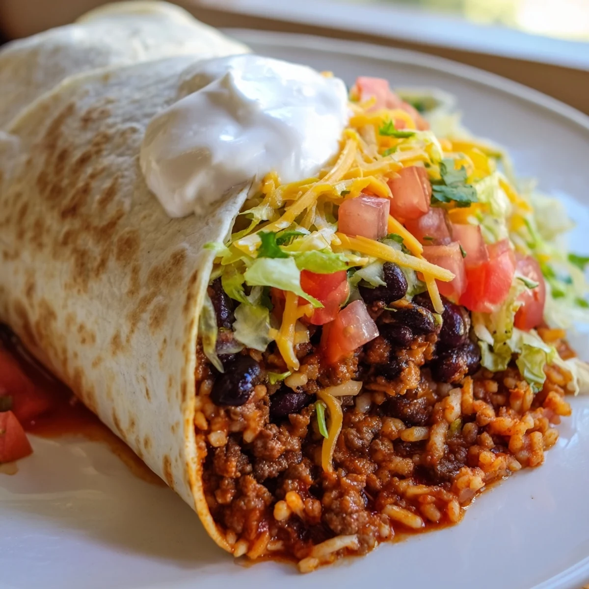 Warm, assembled beef burritos with a sprinkle of cilantro beside the components for easy eating.