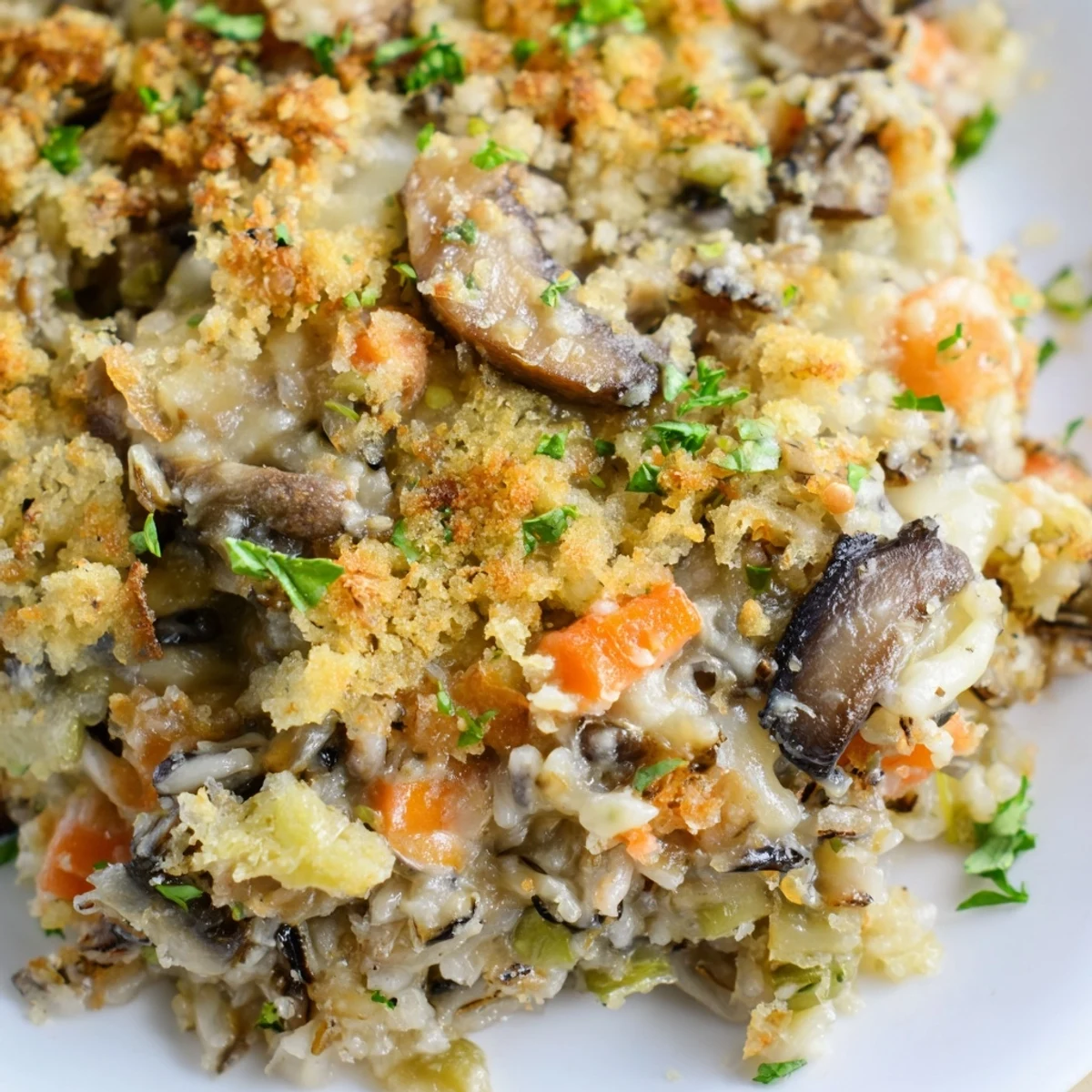 Golden-brown Creamy Mushroom and Wild Rice Casserole fresh from the oven, bubbling with a crunchy panko topping.