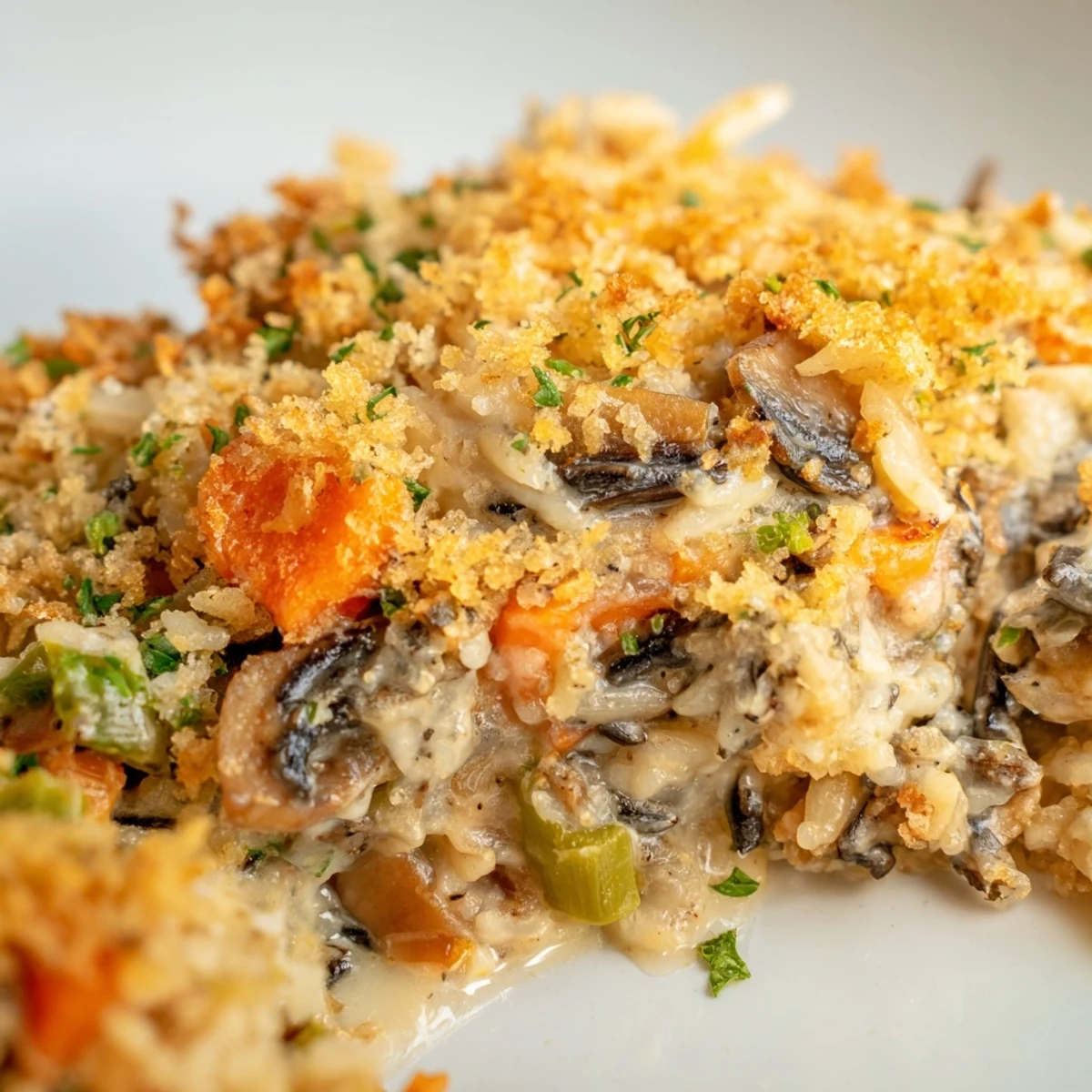 Steaming Creamy Mushroom and Wild Rice Casserole served in a white bowl, revealing a rich and velvety sauce.