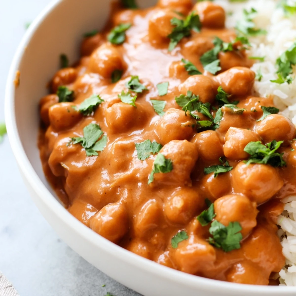 Fluffy basmati rice topped with creamy vegan chickpea tikka masala, garnished with fresh cilantro leaves for a plant-based dinner.