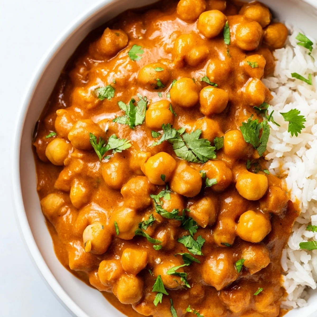 A rich and creamy plate of Vegan Chickpea Tikka Masala with Basmati Rice, garnished with fresh cilantro and a lemon wedge.