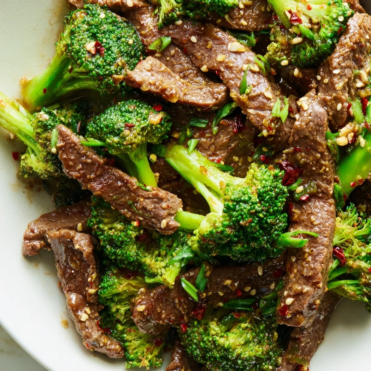 Sizzling beef and bright green broccoli coated in garlic-ginger sauce in a hot wok.