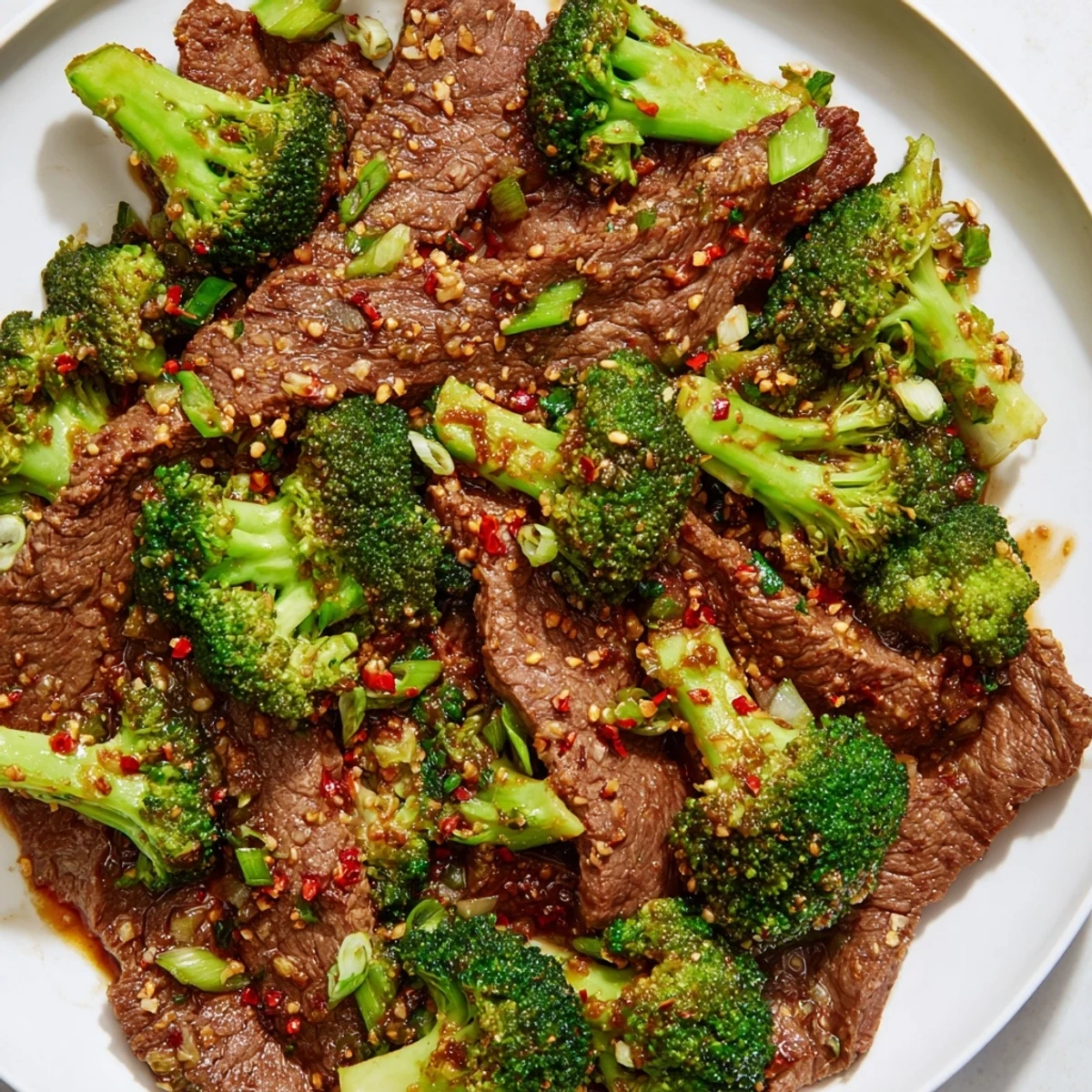 Close-up of tender beef and crisp broccoli in savory sauce, garnished with scallions.