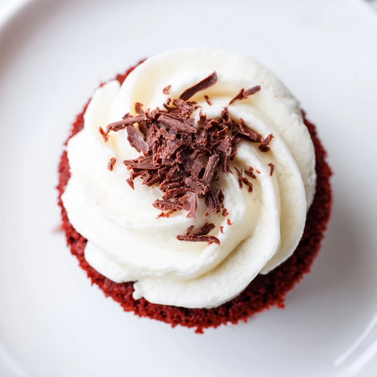 A single Red Velvet Cupcake with cream cheese frosting is topped with chopped pecans on a rustic wooden board.