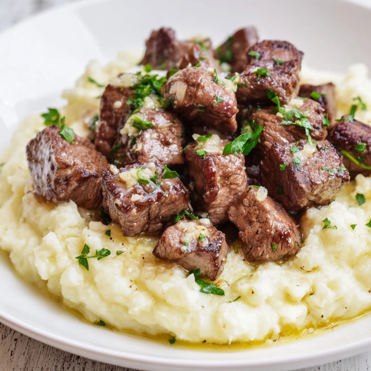 Golden seared Garlic Butter Steak Bites with Mashed Potatoes on a rustic plate.