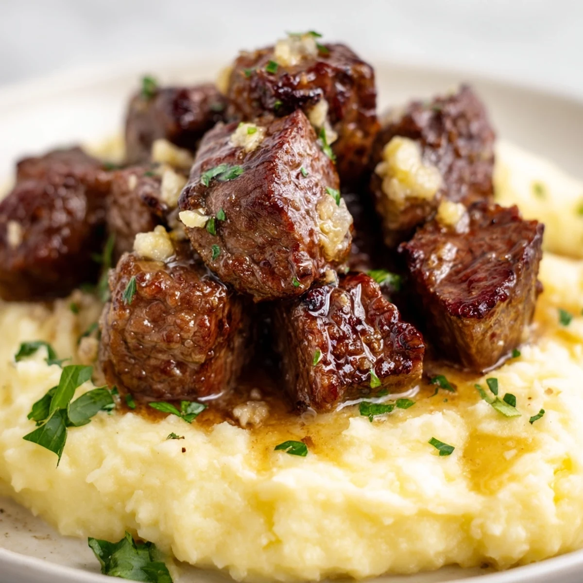 Easy Garlic Butter Steak Bites with Mashed Potatoes served for a cozy dinner.
