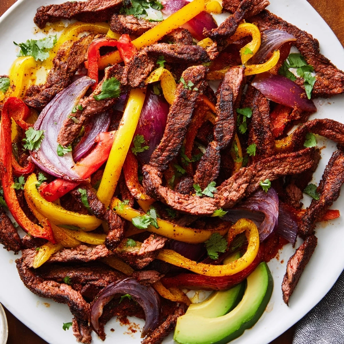 Sizzling Sheet Pan Steak Fajitas with Bell Peppers and onions, served warm with flour tortillas and a dollop of sour cream.