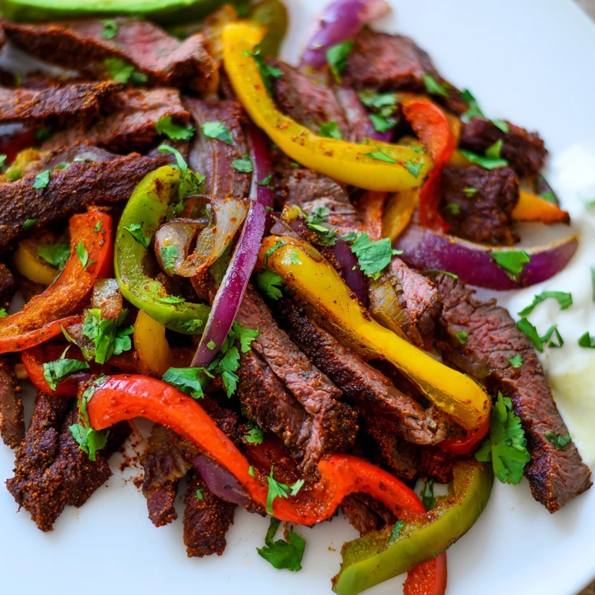 Golden Sheet Pan Steak Fajitas with Bell Peppers, garnished with avocado slices and lime wedges for a flavorful family meal.
