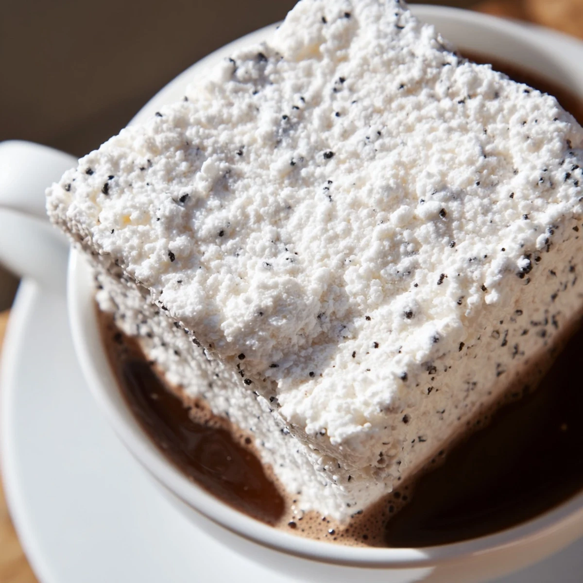 Steaming mugs of rich hot chocolate topped with fluffy vanilla bean marshmallow floaters dusted with powdered sugar.