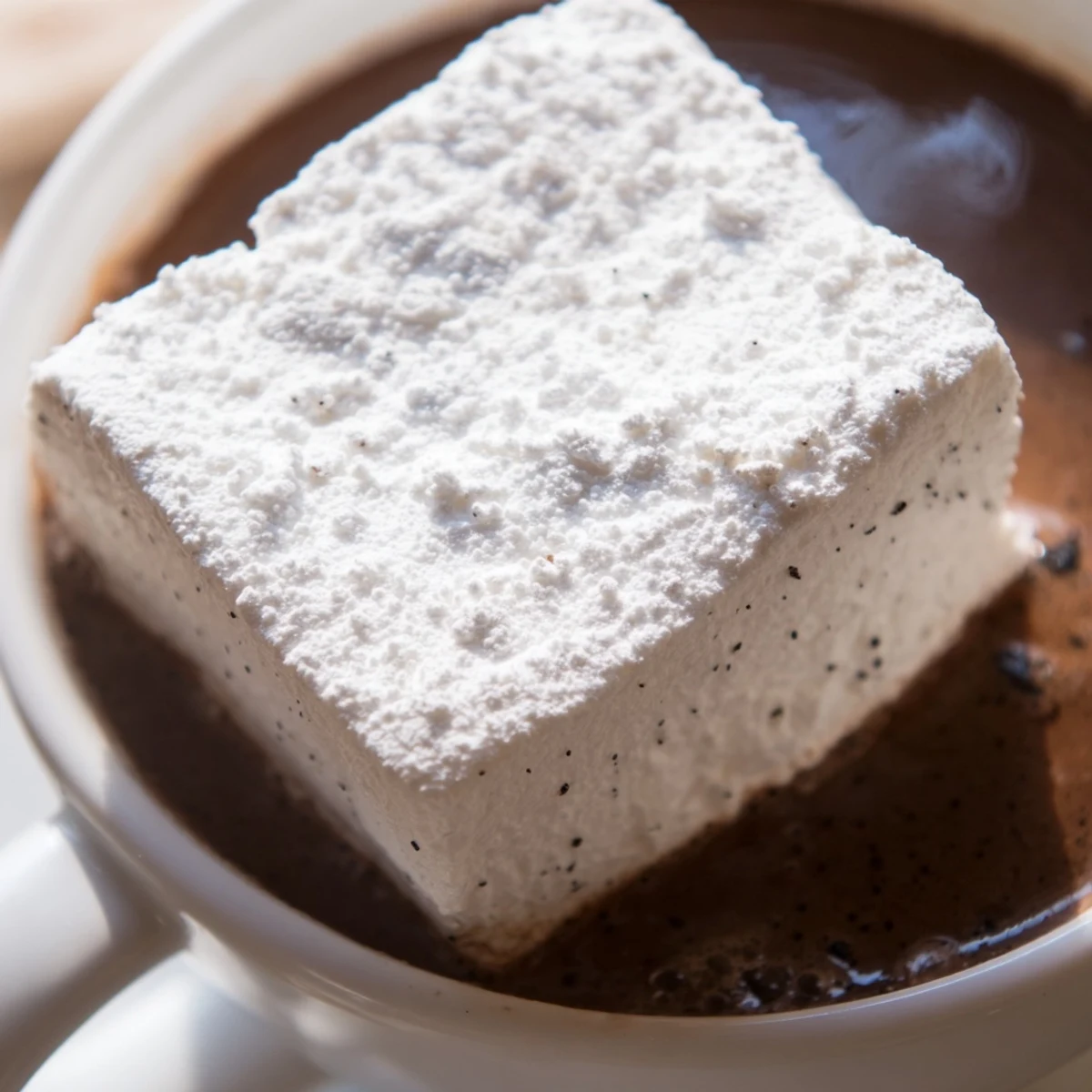 A close-up view reveals creamy hot chocolate beneath melting homemade vanilla bean marshmallow floaters, ready to enjoy.