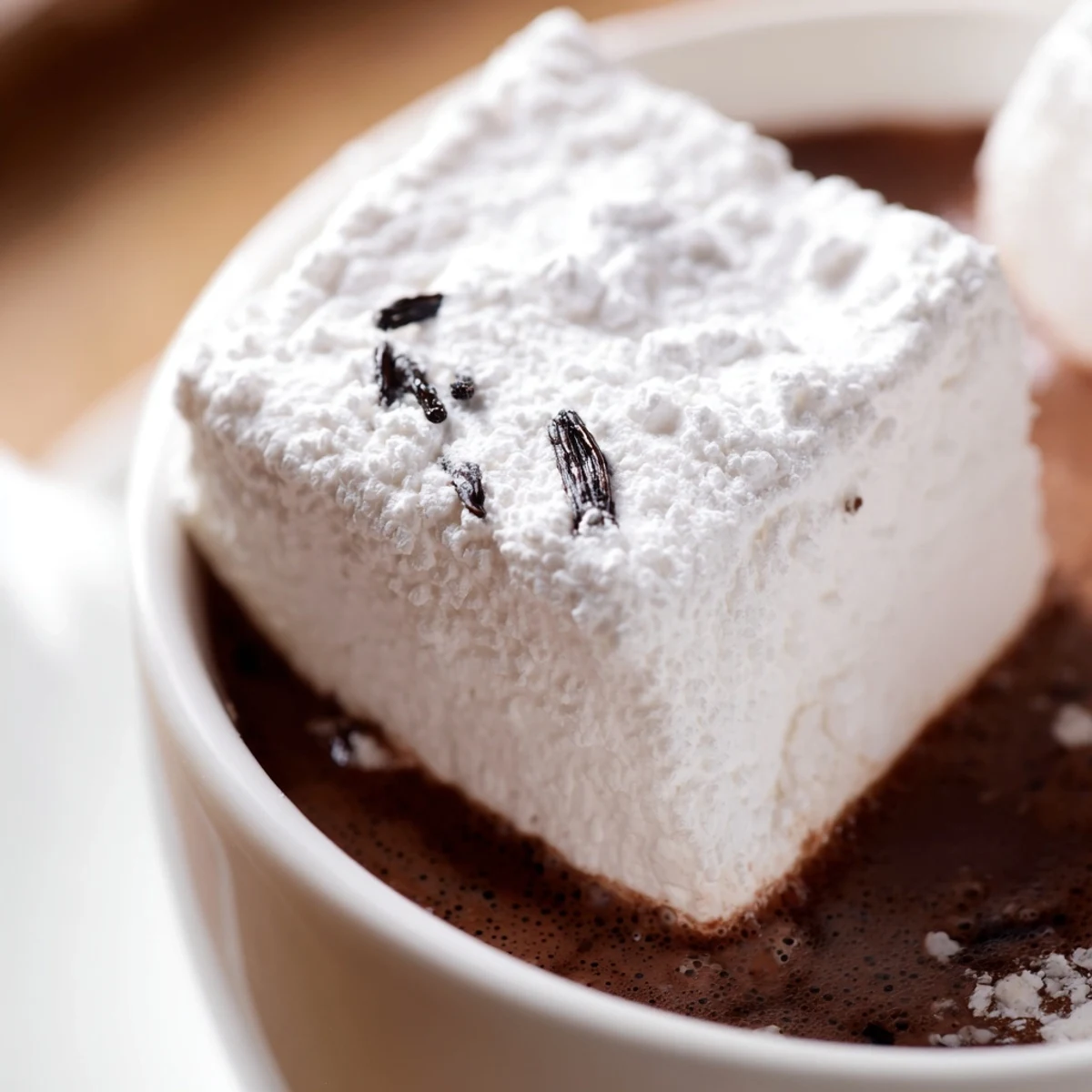 Served in cozy mugs, vanilla bean marshmallow floaters rest atop rich cocoa with whipped cream swirls.