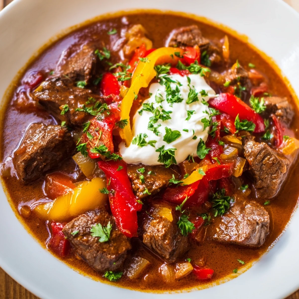 Steaming spoonful of Rich Beef Goulash with Bell Peppers, featuring tender beef cubes and vibrant peppers in a rich paprika sauce.