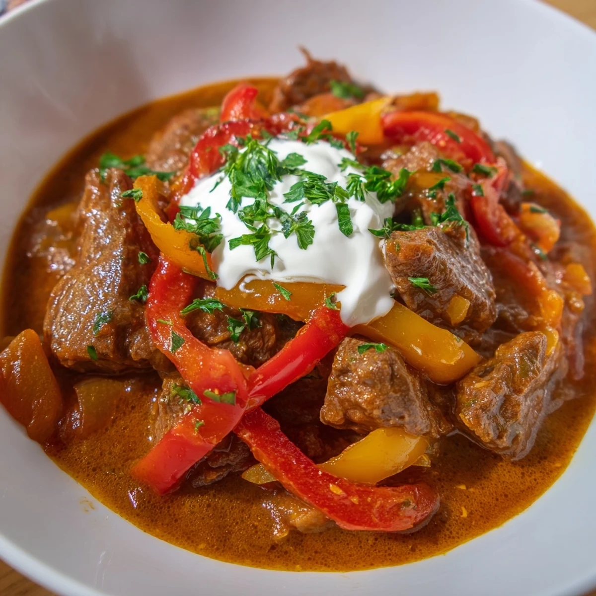 Hearty bowl of Rich Beef Goulash with Bell Peppers garnished with fresh parsley and a dollop of sour cream, ready to serve.