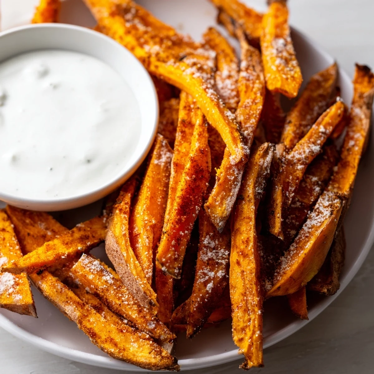 Golden-baked sweet potato fries, sprinkled with smoked paprika, arranged beside a creamy bowl of garlic aioli for dipping.