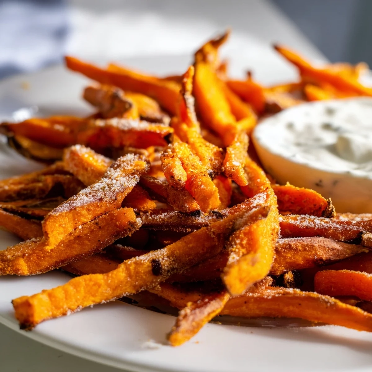 Freshly baked sweet potato fries with crispy edges and a side of tangy garlic aioli, perfect for snacking.