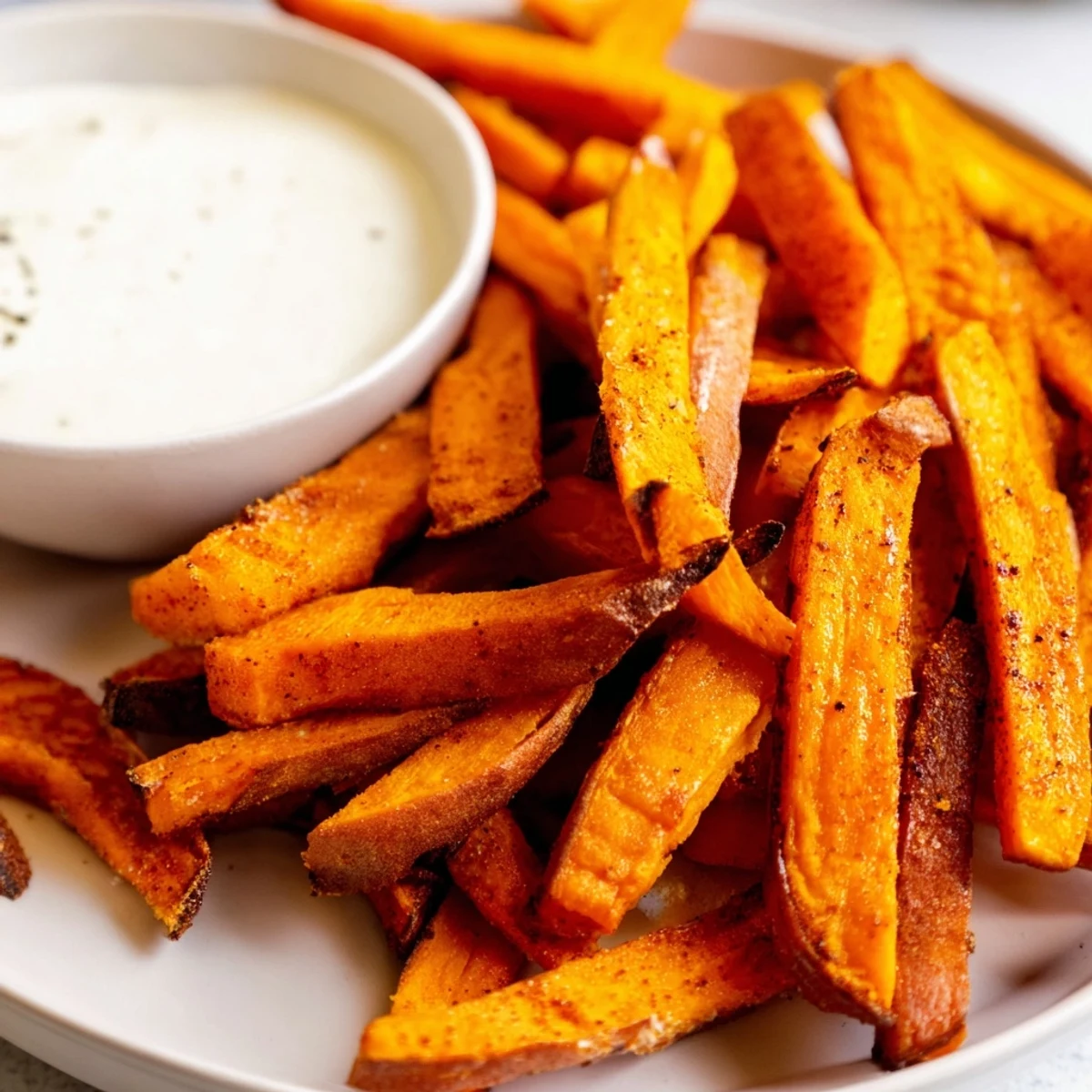 Seasoned sweet potato fries, baked until golden, served hot with homemade garlic aioli on a rustic plate.