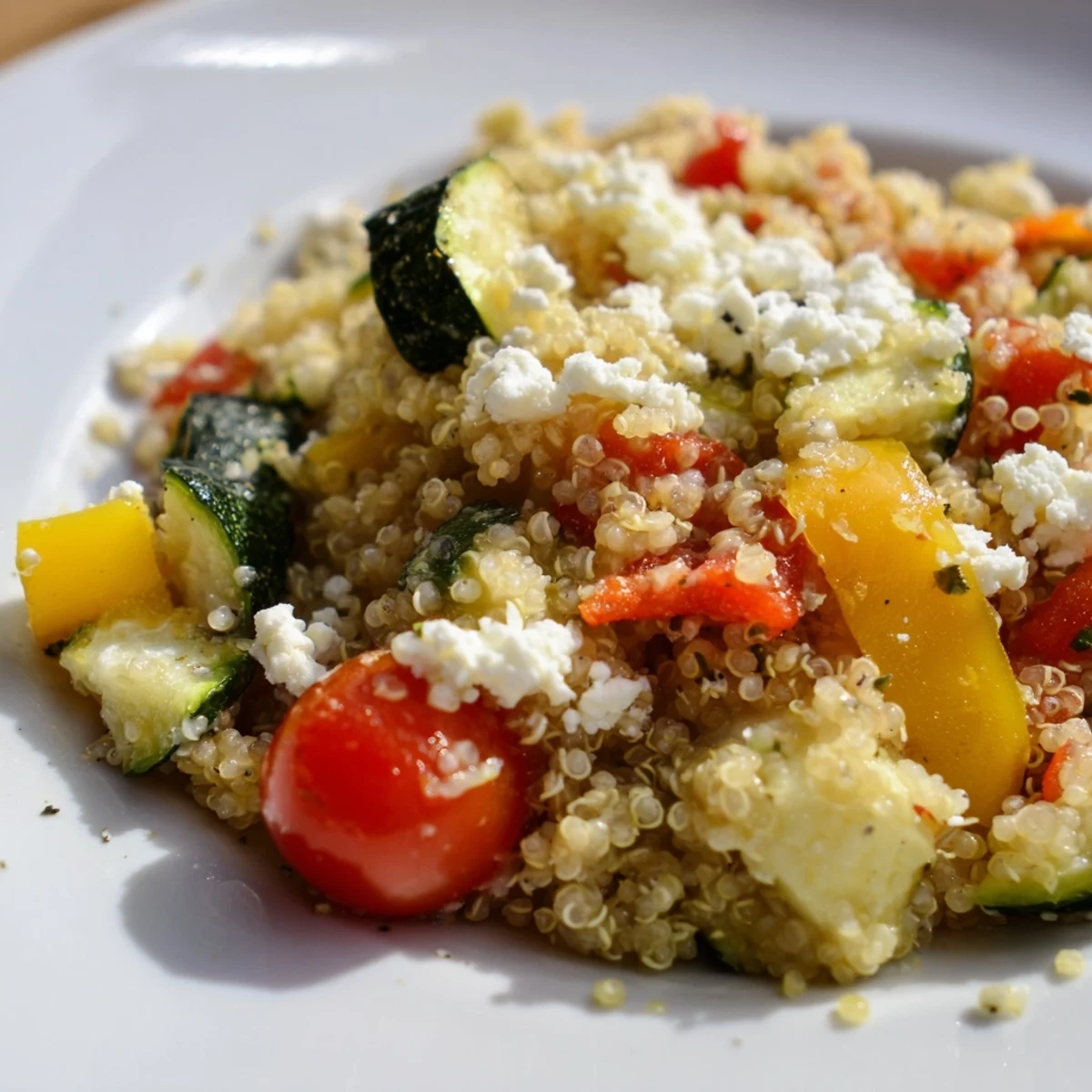 A colorful bowl of Mediterranean Quinoa Salad with roasted eggplant, cherry tomatoes, and red onion, garnished with fresh parsley and mint for a refreshing, wholesome lunch or dinner side.
