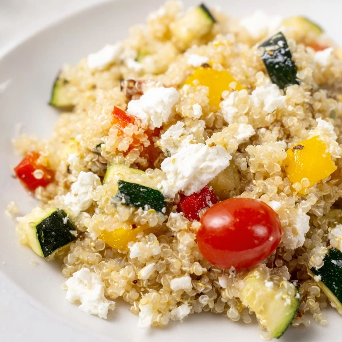 Freshly roasted zucchini and bell peppers mingle with fluffy quinoa and kalamata olives in this Mediterranean Quinoa Salad, tossed in a bright lemon-herb dressing and topped with crumbled feta.