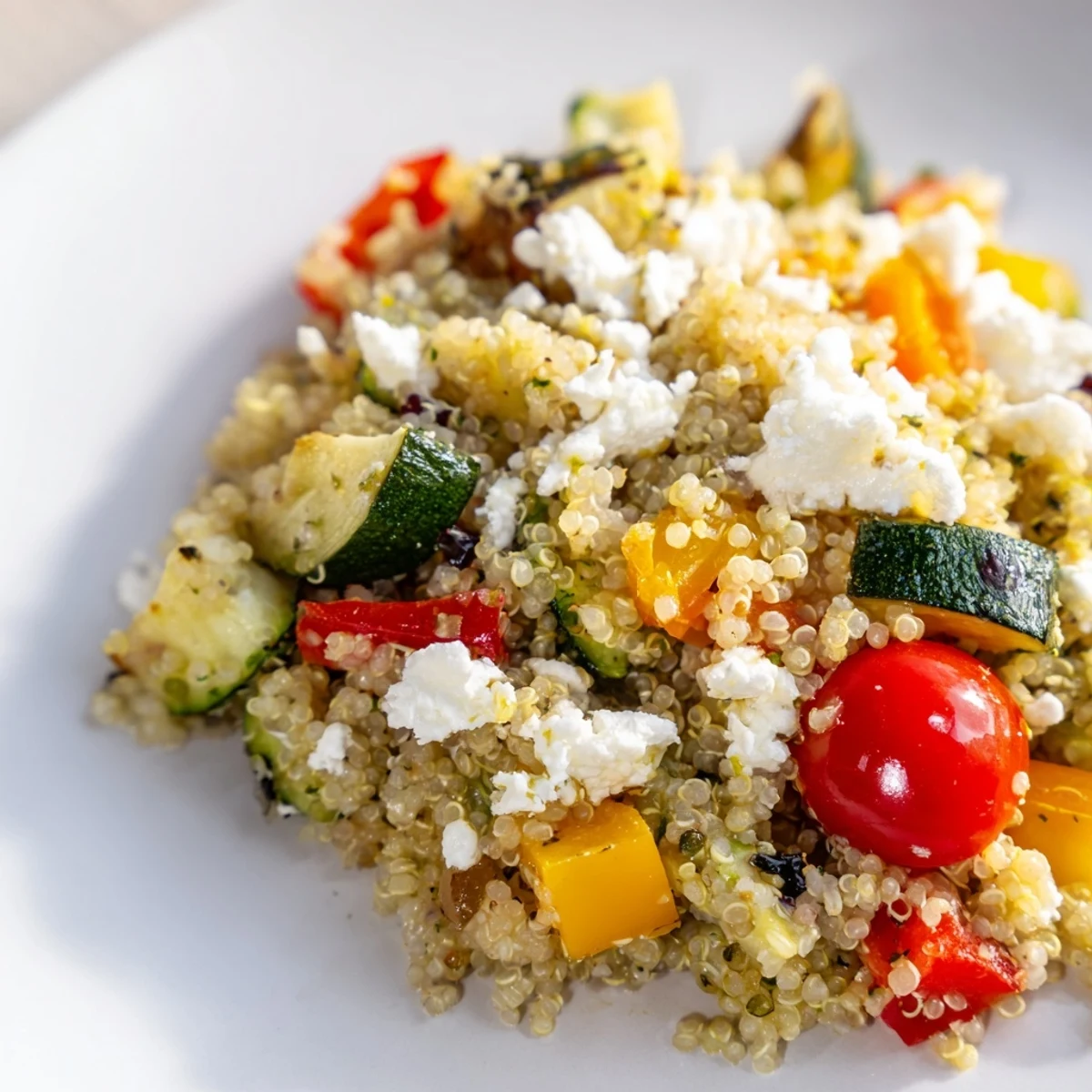 Golden Mediterranean Quinoa Salad on a plate featuring tender roasted veggies, tangy feta cheese, and a drizzle of zesty lemon-herb dressing, perfect for a light vegetarian meal.