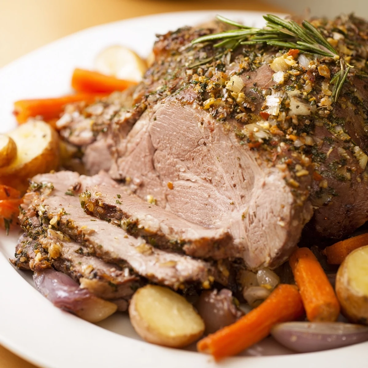 Slow-roasted leg of lamb with garlic and lemon, served with tender carrots and potatoes in pan juices.