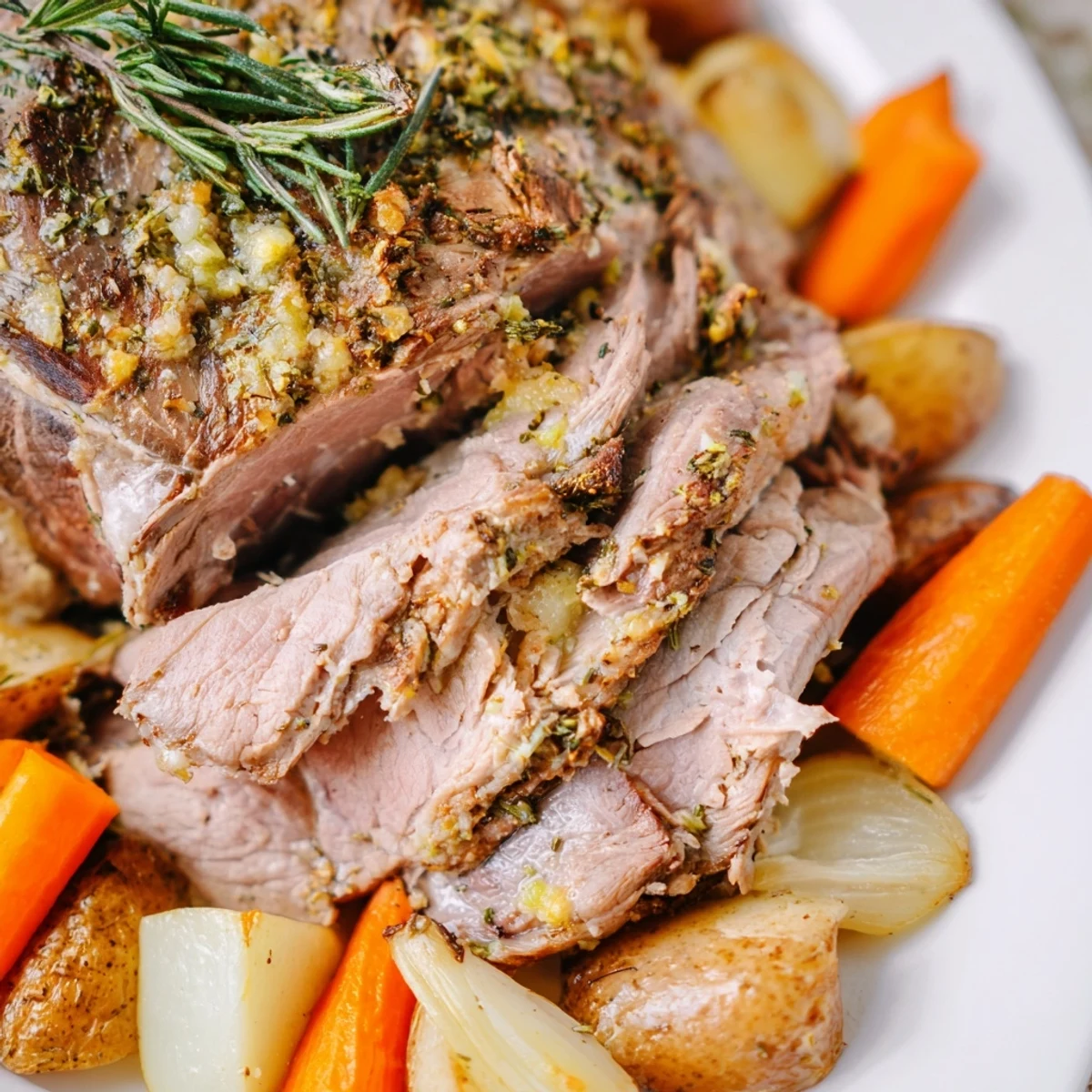 Aromatic Mediterranean leg of lamb, slowly cooked with rosemary and thyme, perfect for a family Sunday roast.