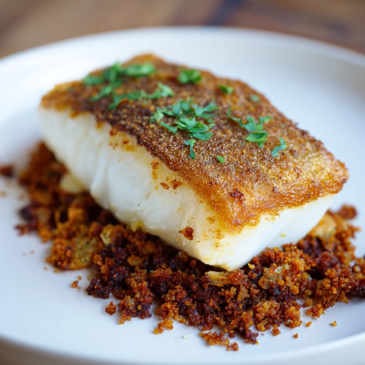 Golden pan-seared Crispy Skin Hake showcases crisp skin, paired with a rich, spicy beef crumb topping for dinner.