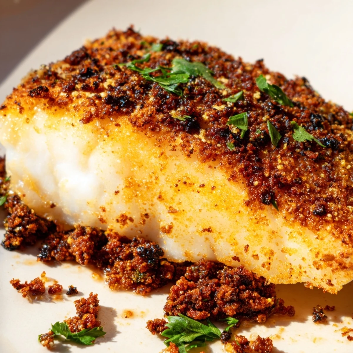 Perfectly cooked Crispy Skin Hake served with vibrant lemon wedges and a hearty chorizo-inspired beef crumb on a plate.