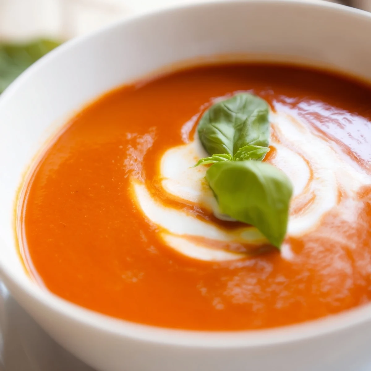 Roasted tomatoes and golden garlic cloves for Creamy Tomato and Roasted Garlic Bisque in a white bowl. Fresh basil garnish and cream drizzle.