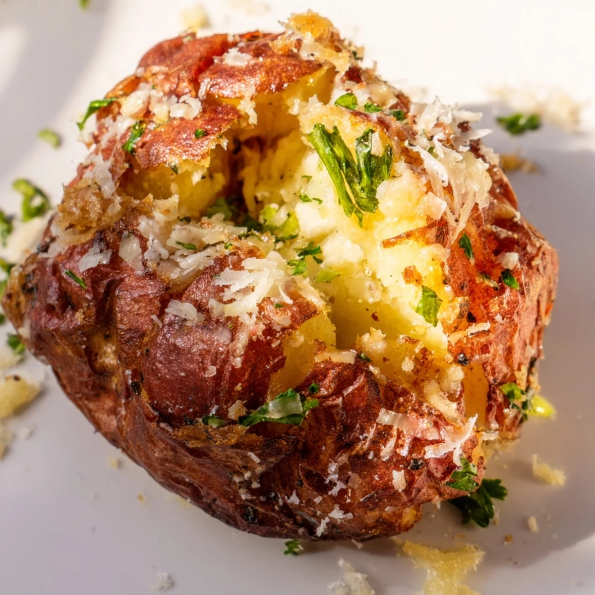 Golden-brown Garlic Parmesan Smashed Red Potatoes roasted with minced garlic and fresh parsley on a baking sheet.