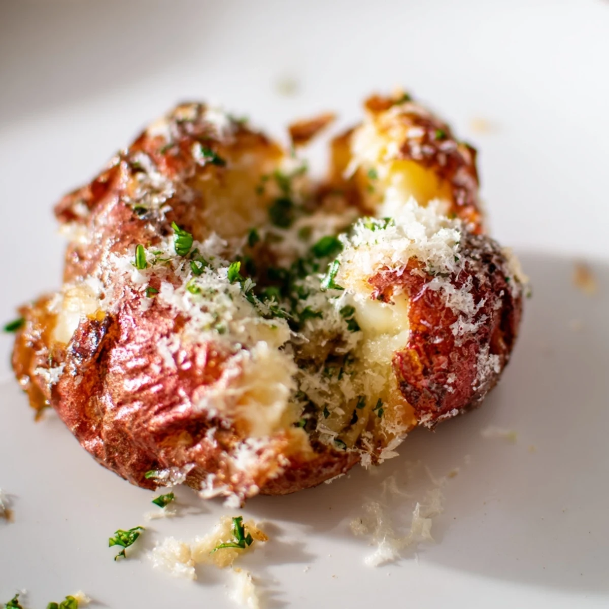 Roasted smashed red potatoes with garlic oil and parsley, showing a crispy outside and fluffy inside.