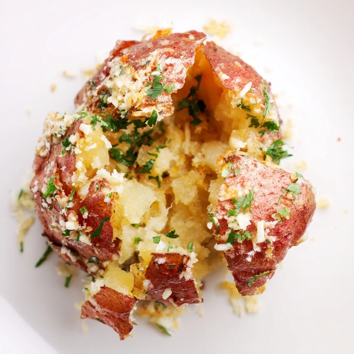Crispy-edged smashed potatoes topped with melted Parmesan cheese, served as a savory side dish for dinner.