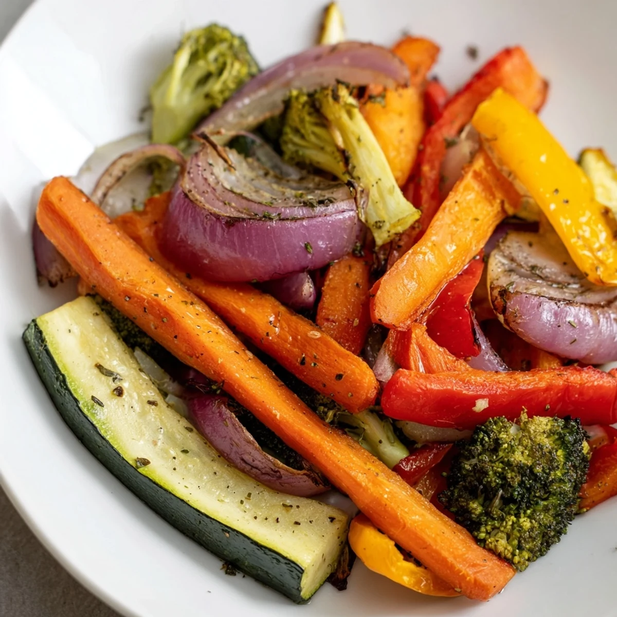 Golden roasted veggies with oil glistening on a parchment-lined baking sheet, featuring caramelized carrots, bell peppers, and zucchini. 