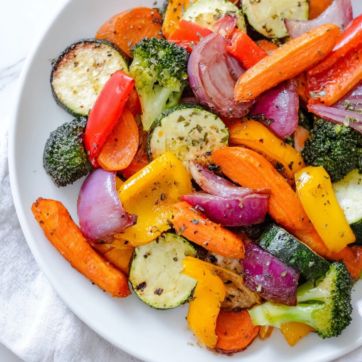 A vibrant medley of roasted veggies with oil and herbs, serving as a healthy vegan side dish. 