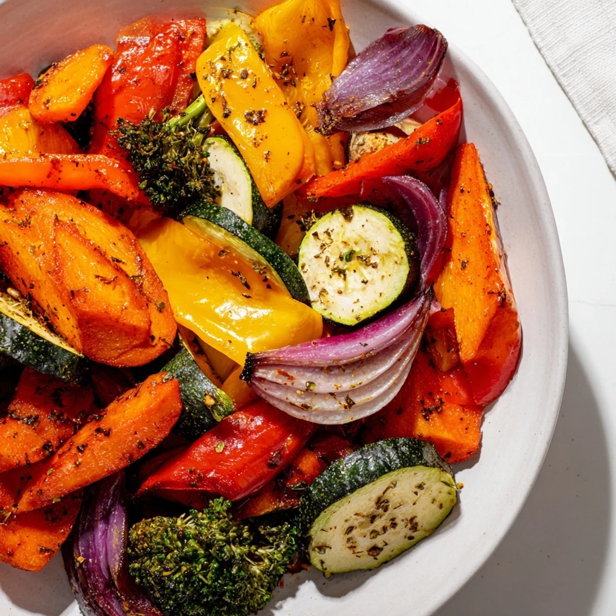 A close-up of tender roasted veggies with oil and garlic, steaming on a white plate for dinner.