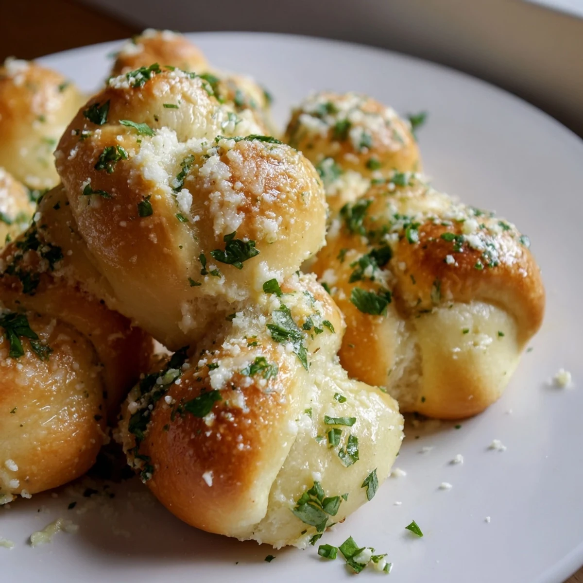 Golden-baked Garlic Knots with Butter, brushed with garlic-parsley butter, served warm alongside a classic red sauce and salad.
