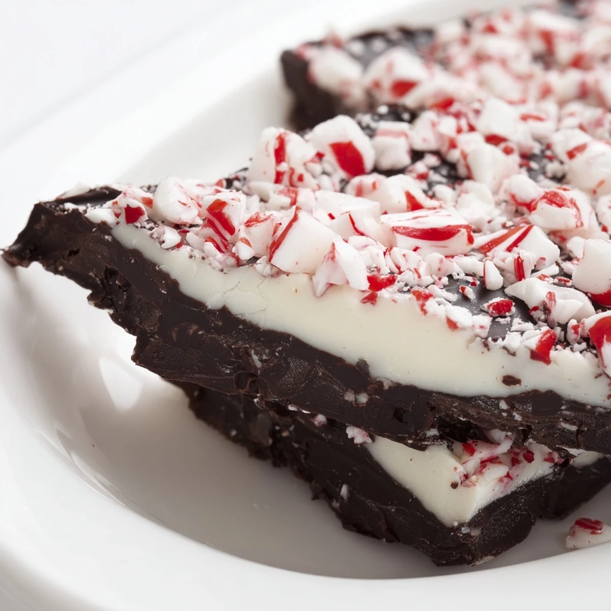 A close-up of festive peppermint bark, showing layers of dark and white chocolate topped with crushed candy canes.