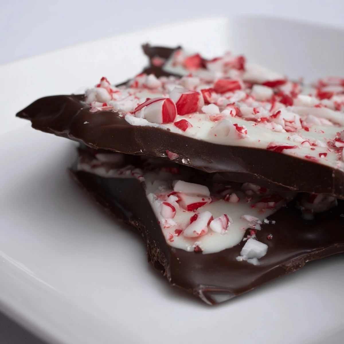 Holiday peppermint bark broken into pieces, revealing a rich dark chocolate base and a sweet peppermint candy topping.