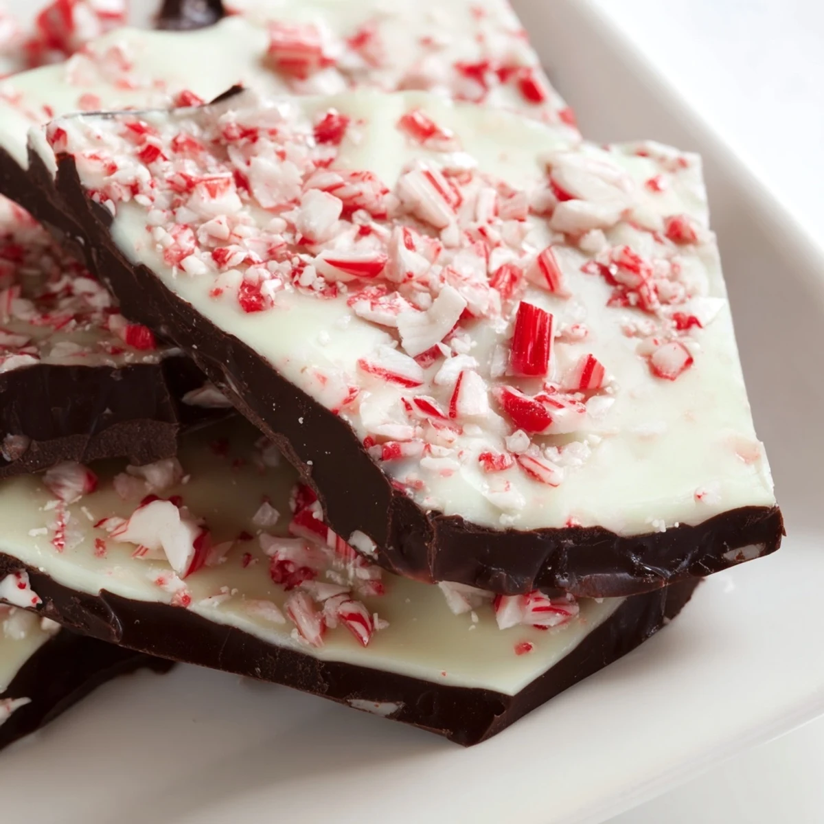 Homemade peppermint bark with glossy dark chocolate and creamy white chocolate layers, sprinkled with red and white peppermint candy.